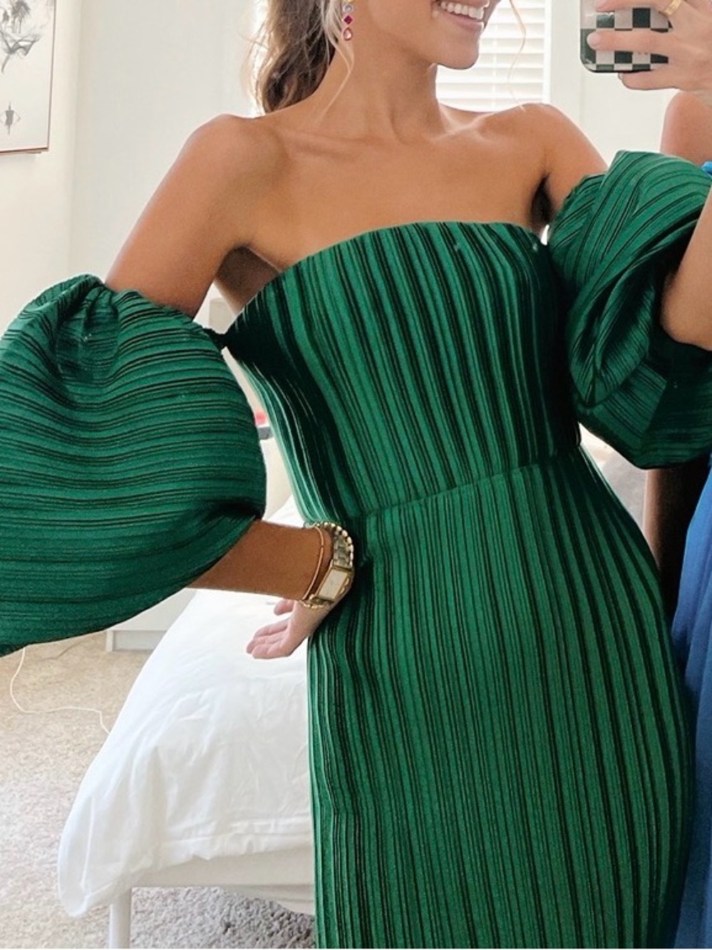 Strapless Emerald Green Pleated Midi Dress with Statement Puff Sleeves - Picture 3 of 6